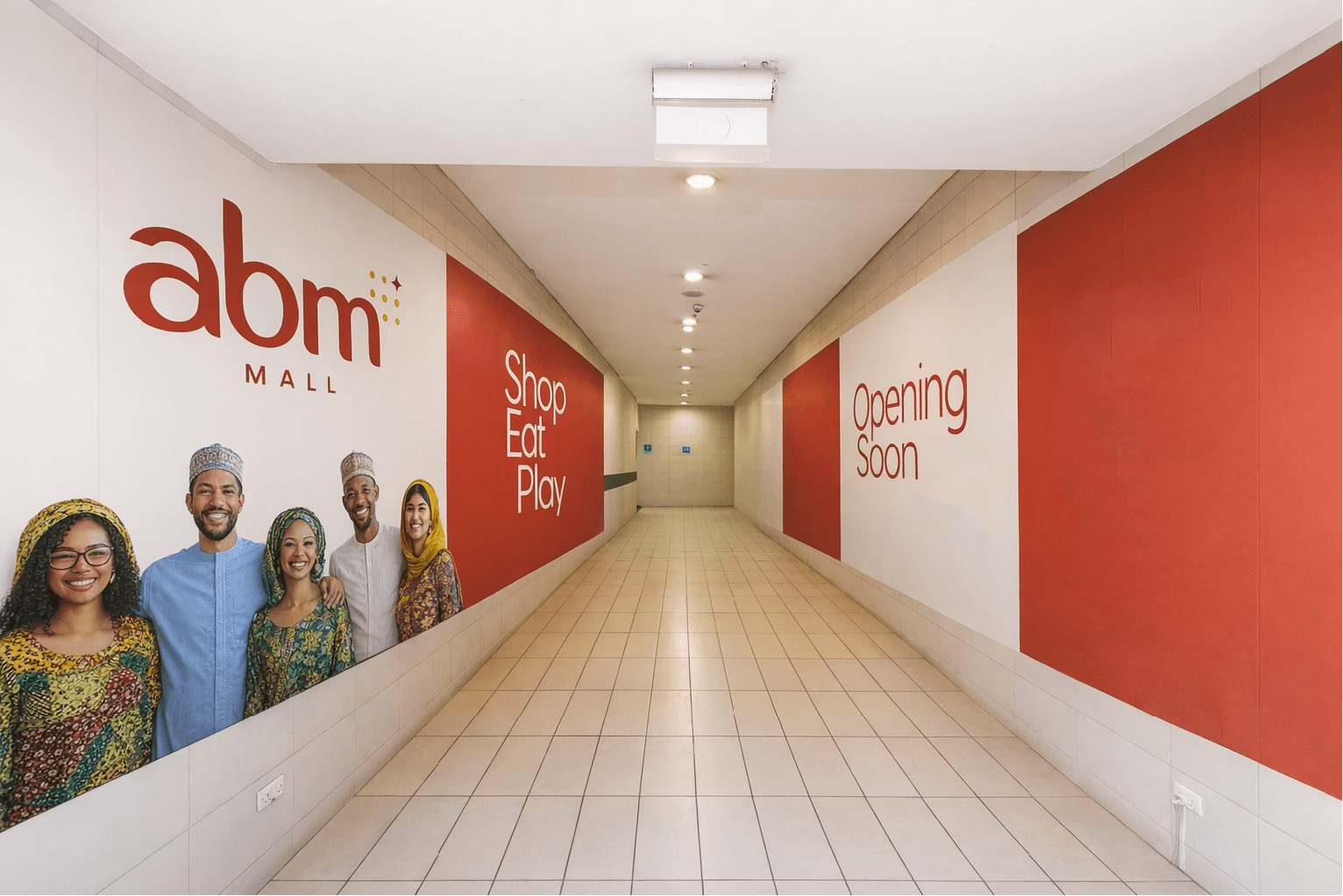 An ABM Mall corridor with branded signage reading Shop, Eat, Play, and a family posing in the foreground
